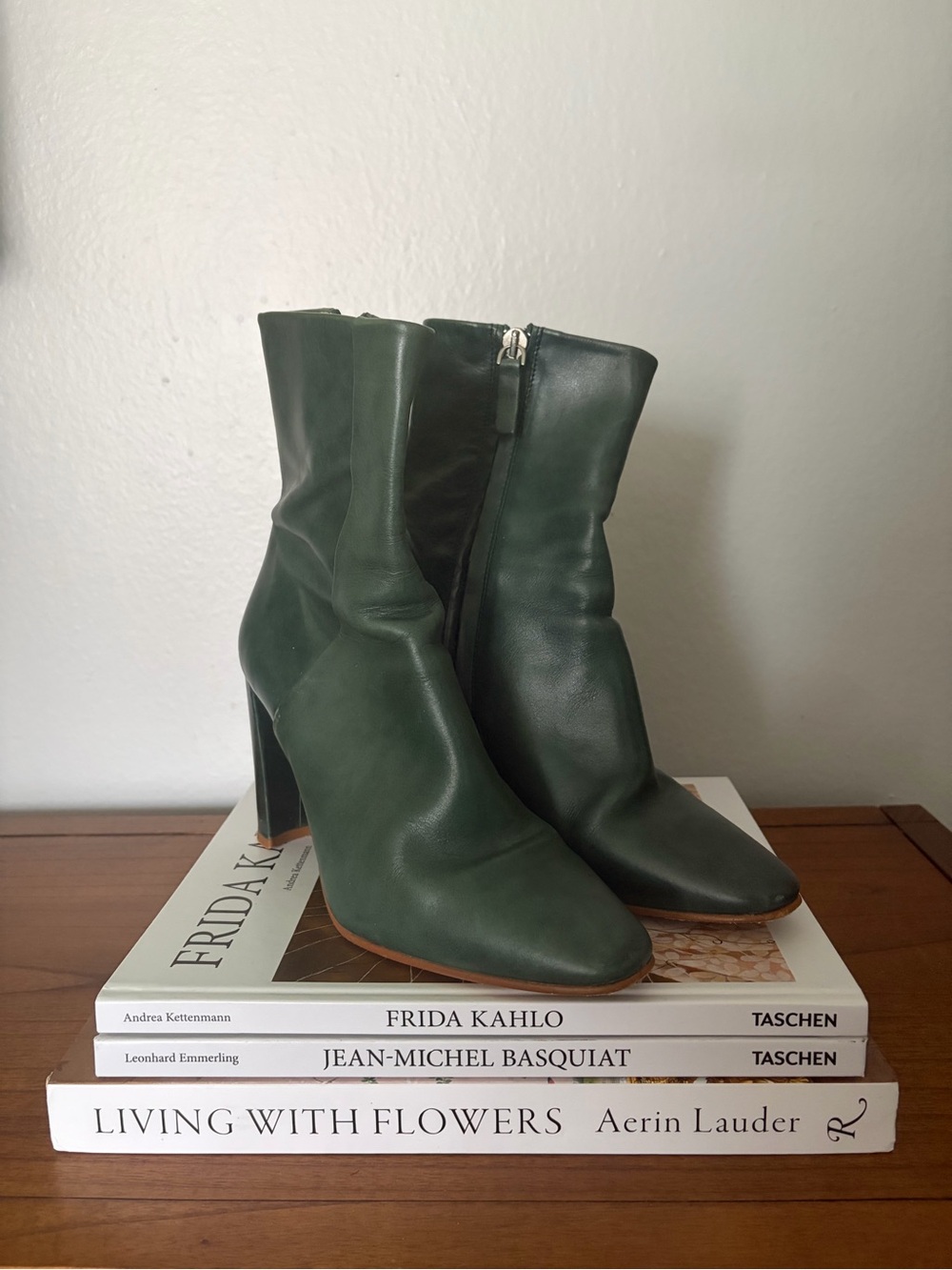 Zara Dark Green Leather Mid-Calf Heeled Boots